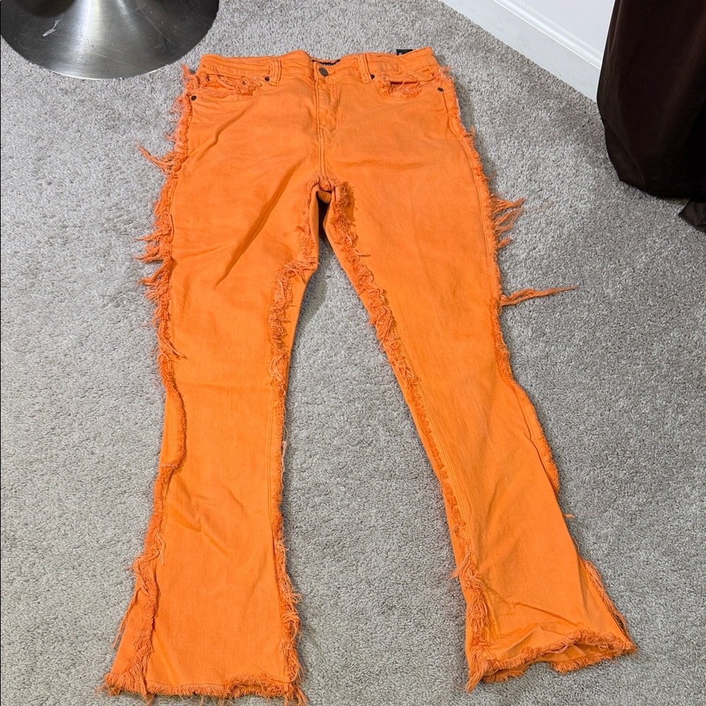 Kids Orange Frayed Jeans